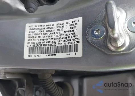 2016 Honda Civic Ex-T from USA, damaged, VIN 19XFC1F34GE031780